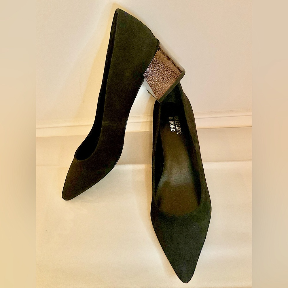 Bleecker & Bond Yasmine black suede block heel pumps. Size 7.5M, 2.25” heel.